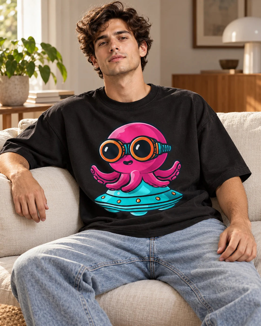 Man on a sofa in a black oversized French terry t-shirt with a pink octopus in goggles flying a teal UFO