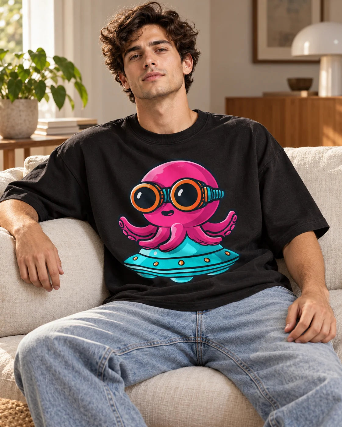 Man on a sofa in a black oversized French terry t-shirt with a pink octopus in goggles flying a teal UFO