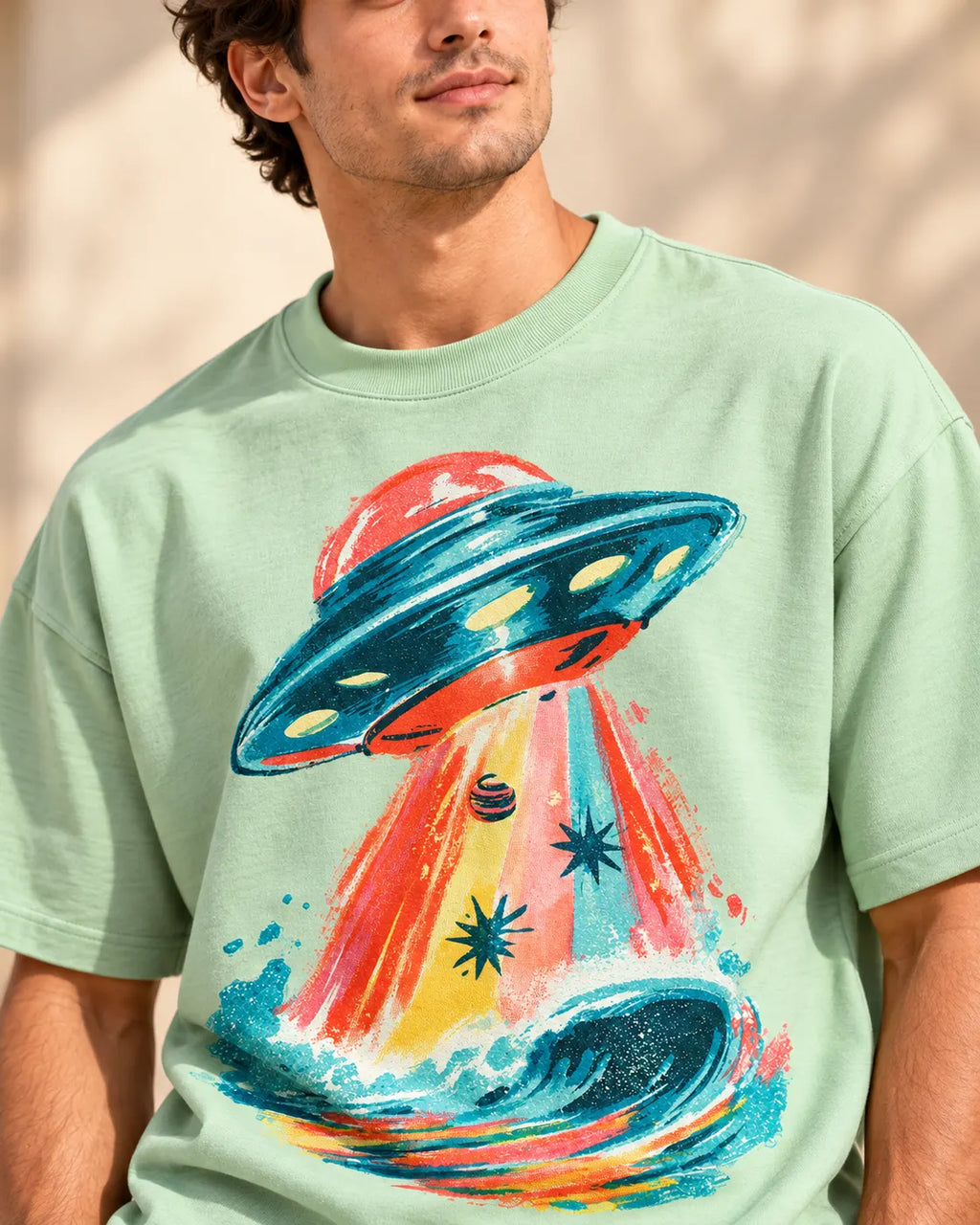 Angled close-up of the Tidal Transit UFO print on a jade French terry tee