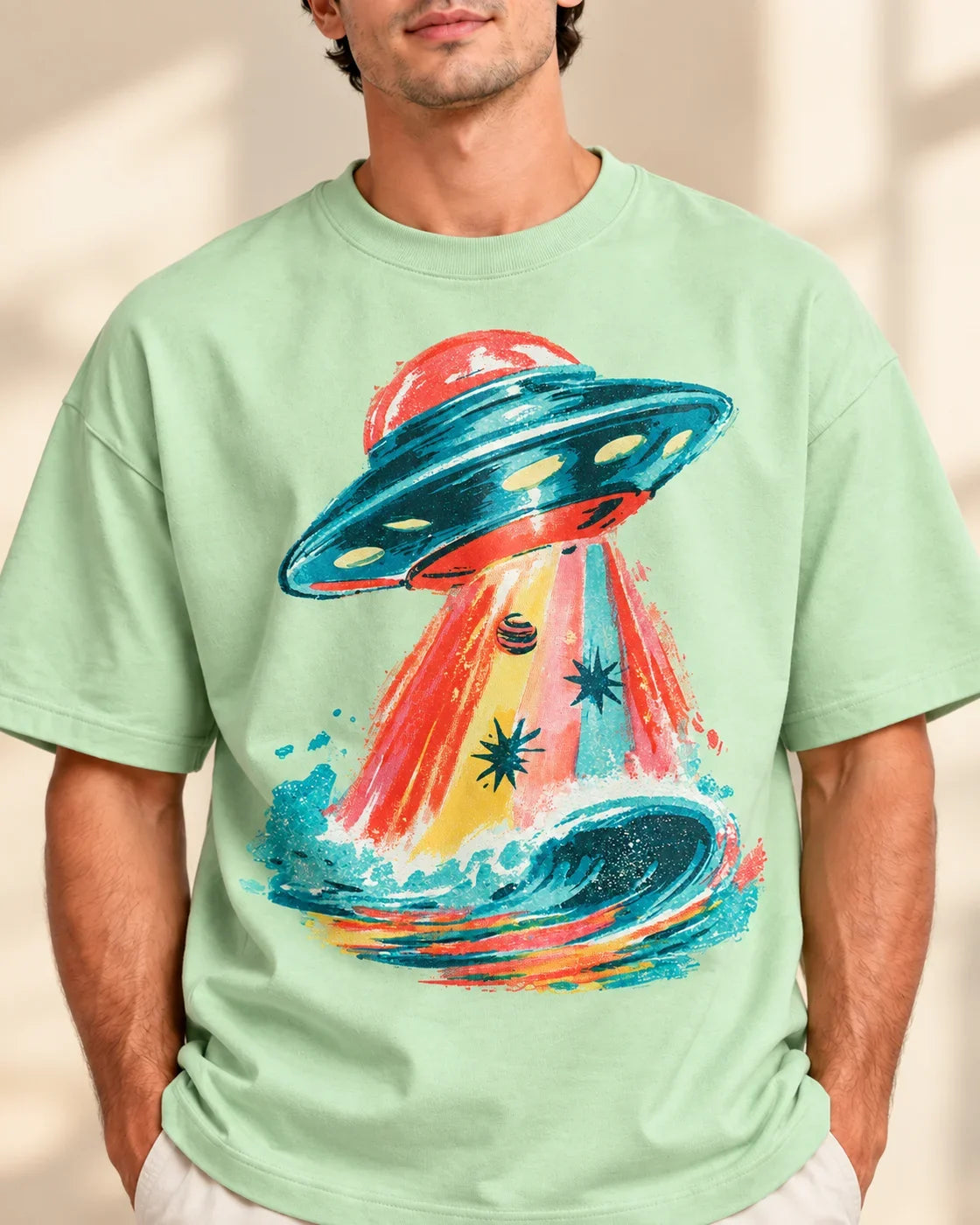 Tidal Transit print close-up: teal saucer beaming coral light and a tiny planet into a curling wave on jade French terry
