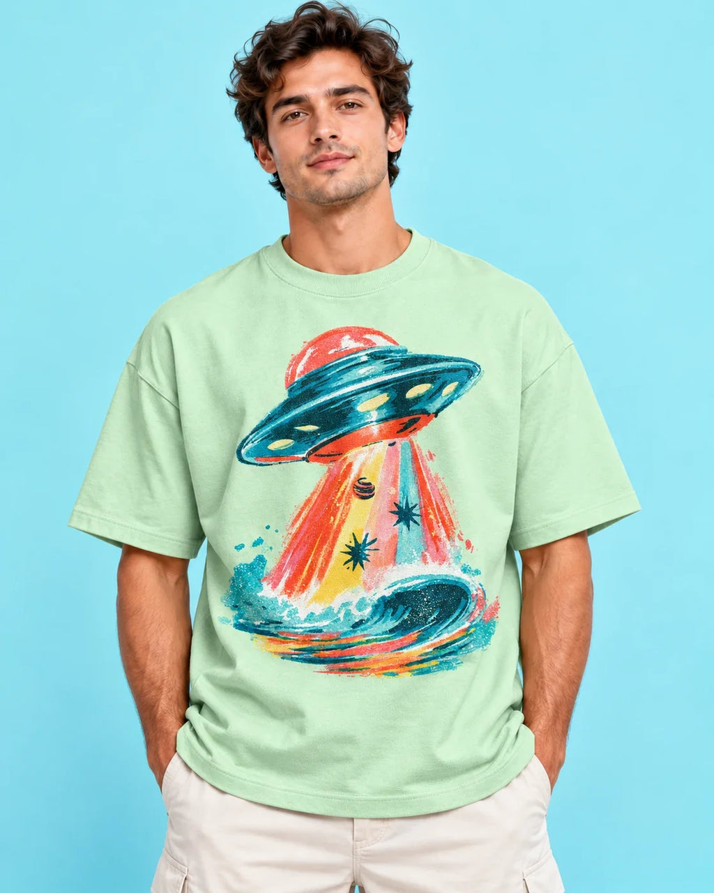 Model wearing the Tidal Transit UFO oversized tee in jade – Fourth Dimension Club