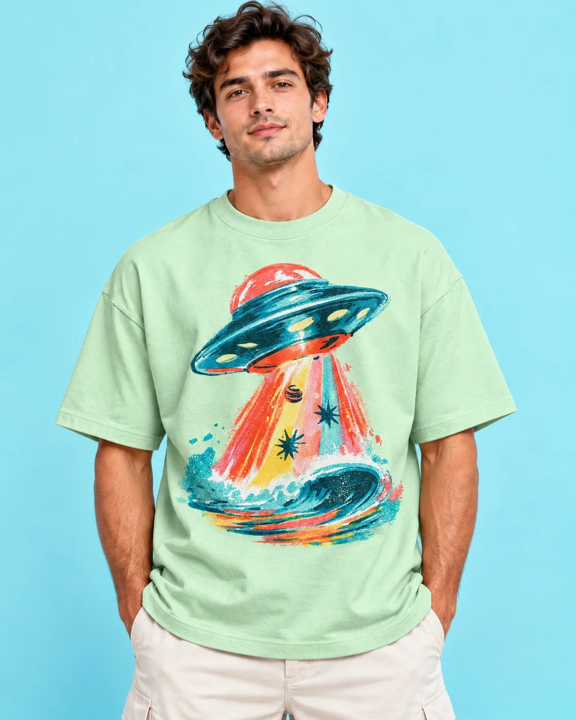 Model wearing the Tidal Transit UFO oversized tee in jade – Fourth Dimension Club