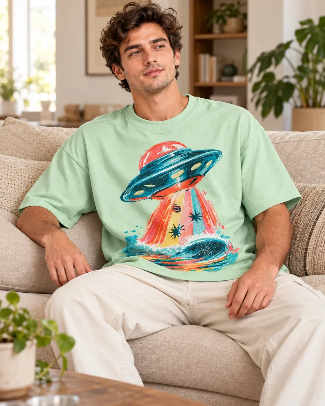 Man relaxing on a couch in the Tidal Transit UFO oversized tee, jade