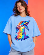 Model wearing the Prism Strike UFO oversized tee in baby blue – Fourth Dimension Club