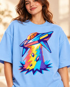 Prism Strike print close-up: arrow-shaped craft splitting its beam into a crystal rainbow on baby blue French terry
