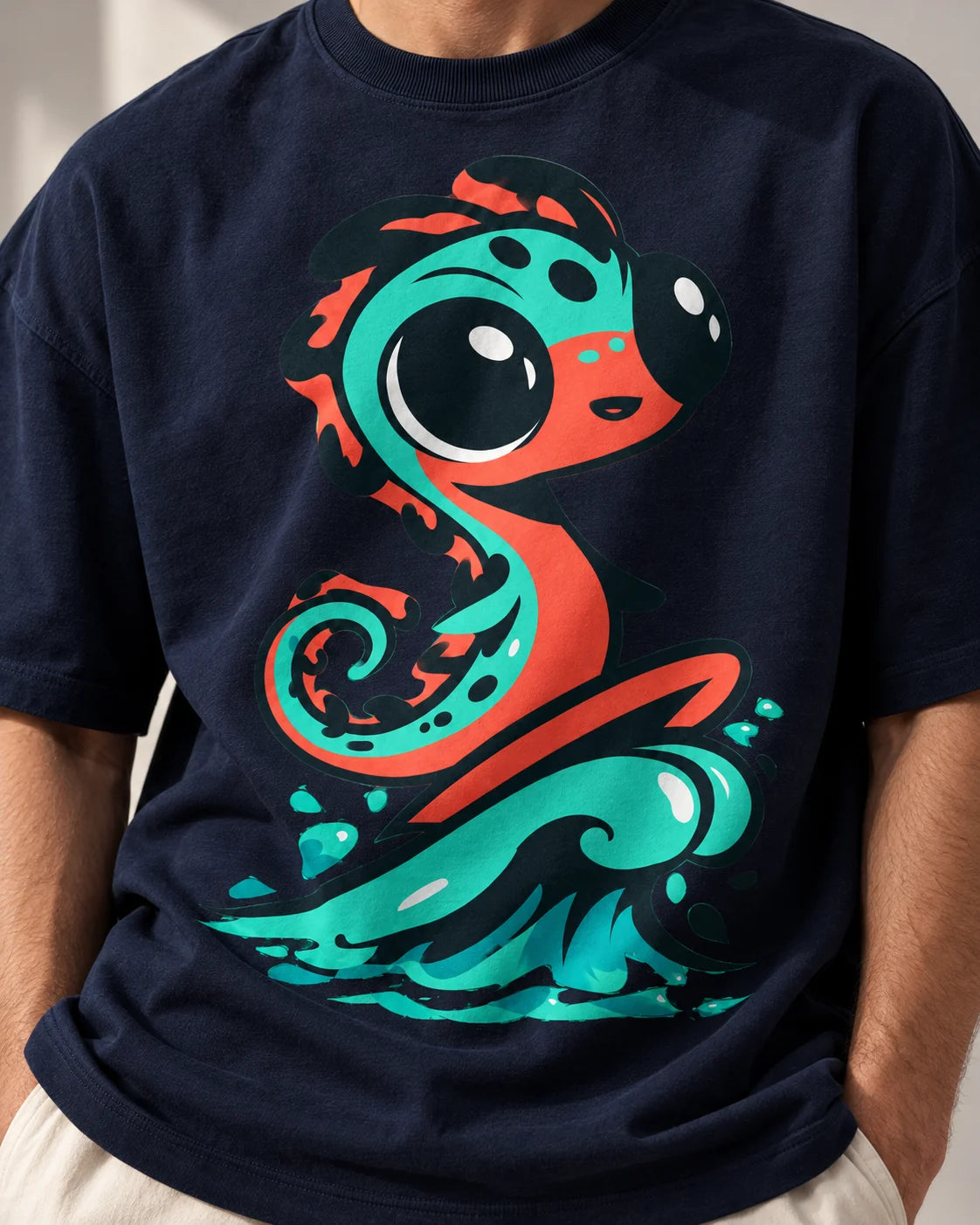 Close-up of a teal sea serpent rising from a wave printed on a navy blue oversized French terry t-shirt