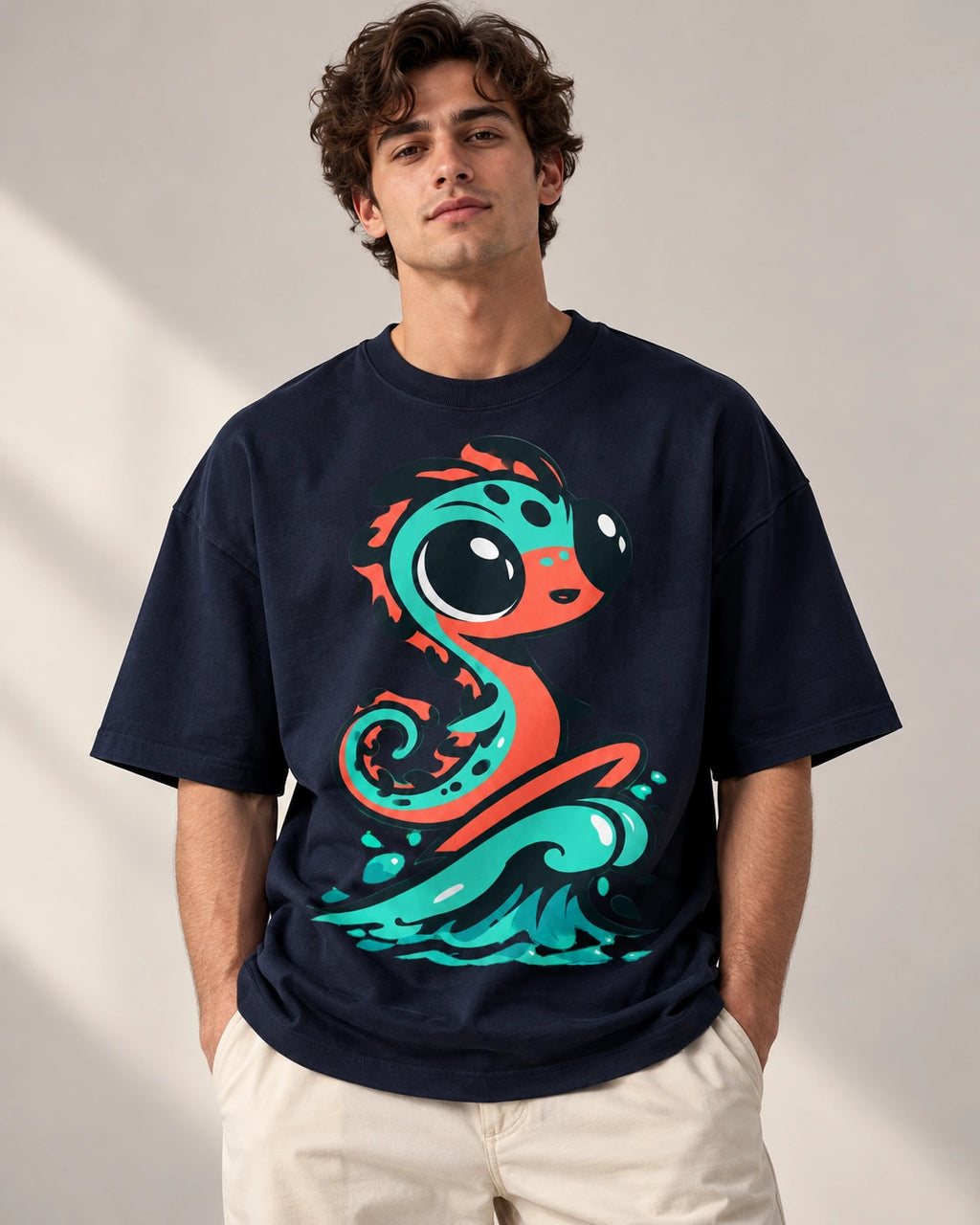 Man in a navy blue oversized French terry t-shirt printed with a teal sea serpent rising from a wave