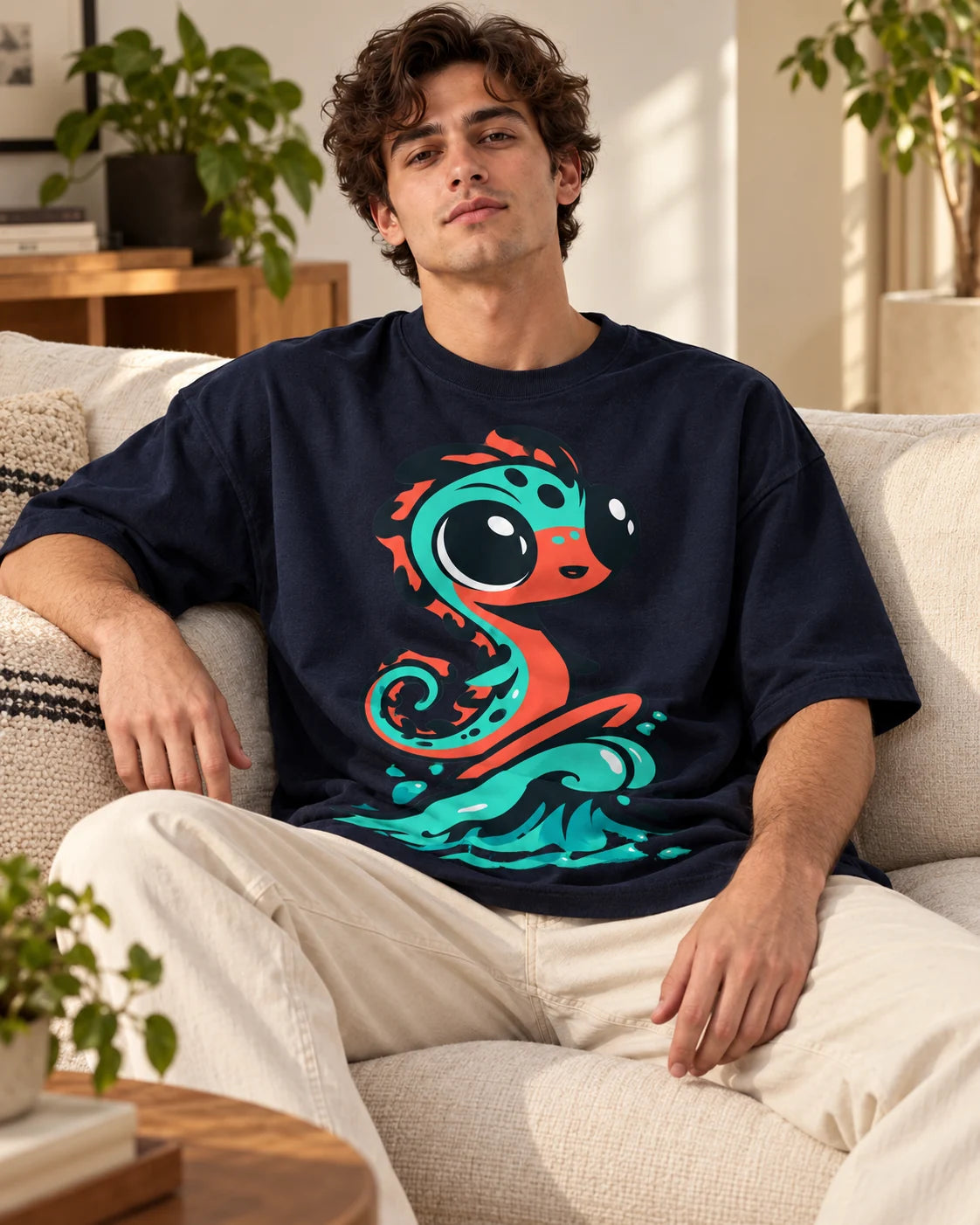 Man on a sofa in a navy blue oversized French terry t-shirt with a teal sea serpent rising from a wave