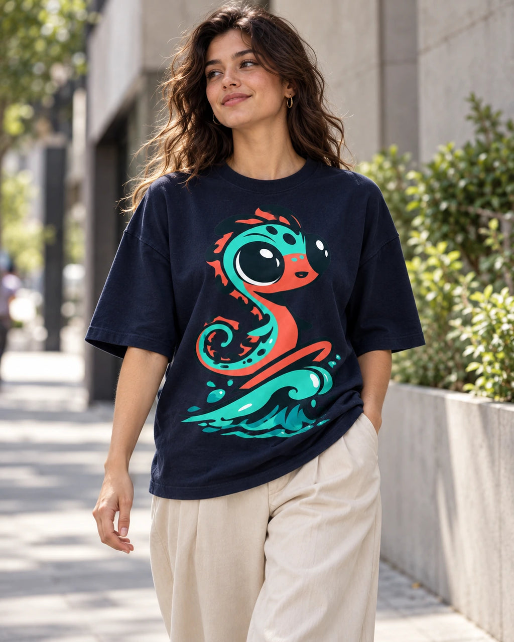 Woman on a street in a navy blue oversized French terry t-shirt with a teal sea serpent rising from a wave