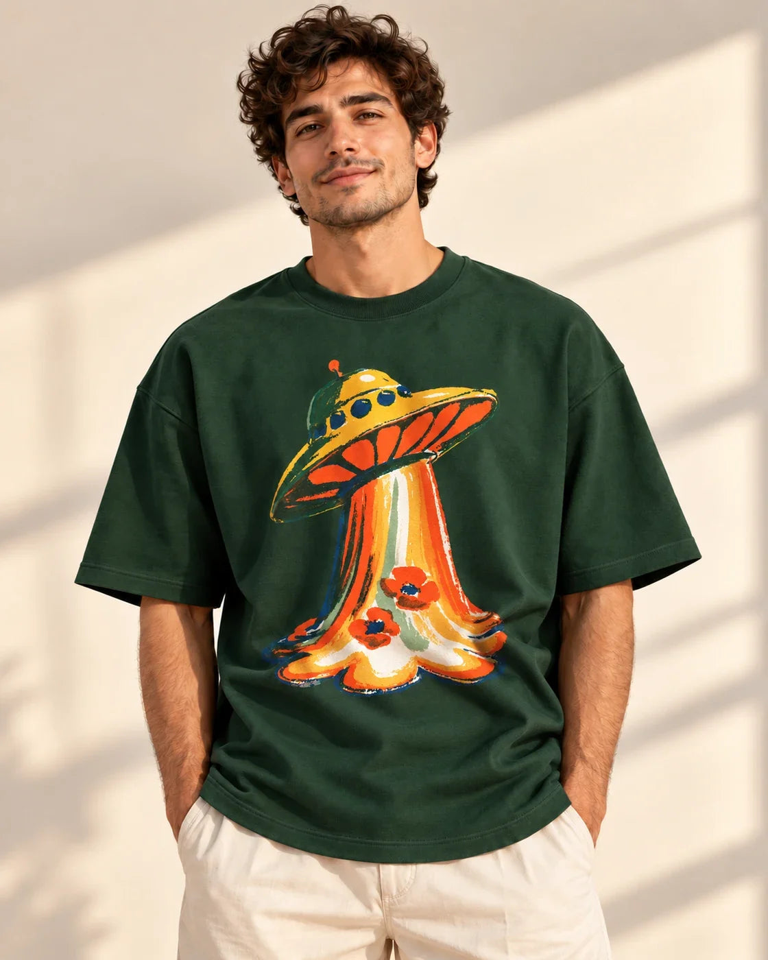 Model wearing the Solar Petals UFO oversized tee in bottle green – Fourth Dimension Club