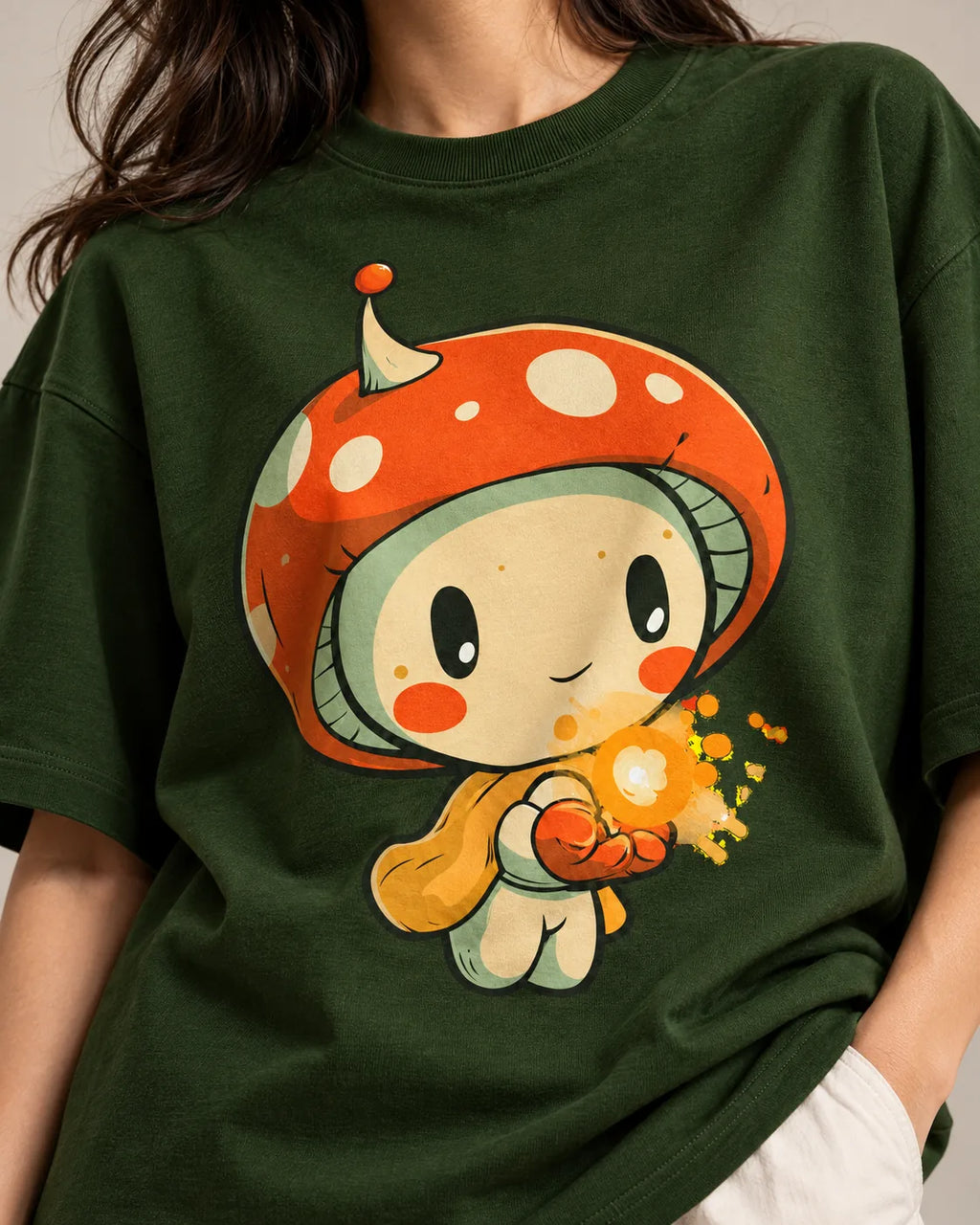 Close-up of a mushroom sprite in a scarf holding a glowing spark printed on a bottle green oversized French terry t-shirt