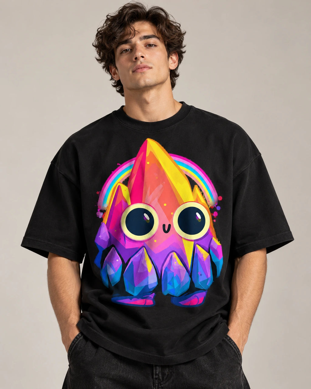 Man in a black oversized French terry t-shirt printed with a smiling rainbow crystal creature with big round eyes
