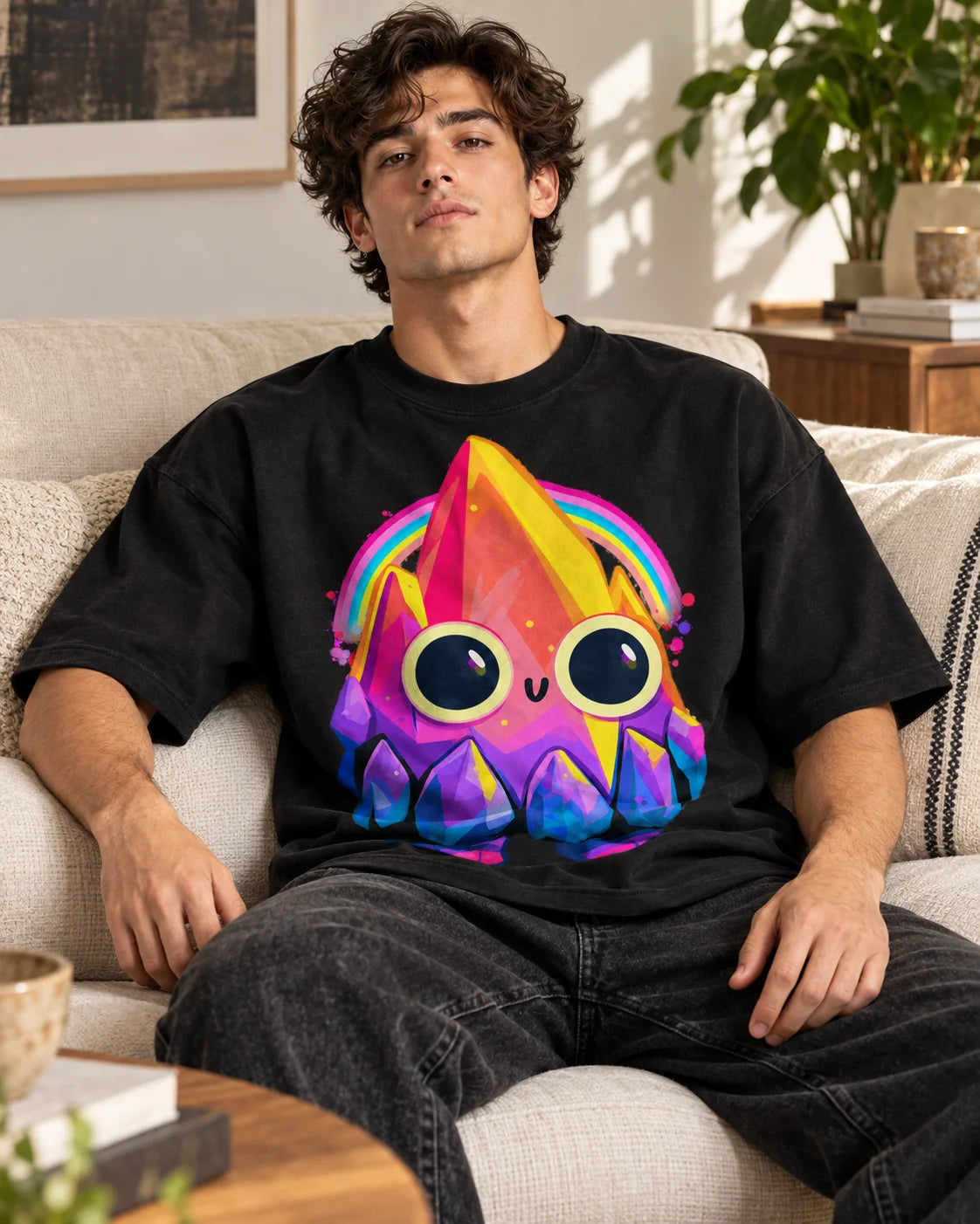 Man on a sofa in a black oversized French terry t-shirt with a smiling rainbow crystal creature with big round eyes