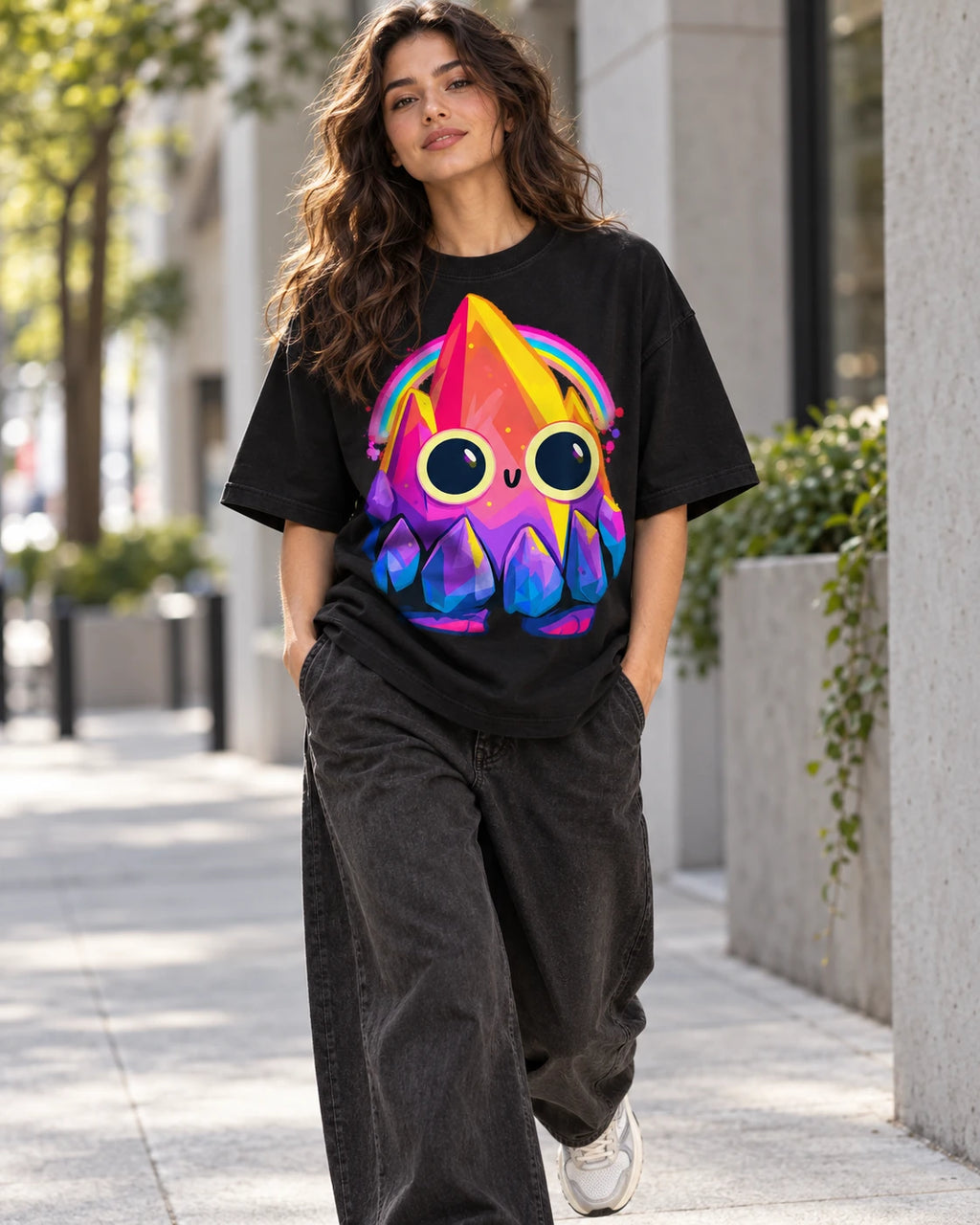 Woman on a street in a black oversized French terry t-shirt with a smiling rainbow crystal creature with big round eyes