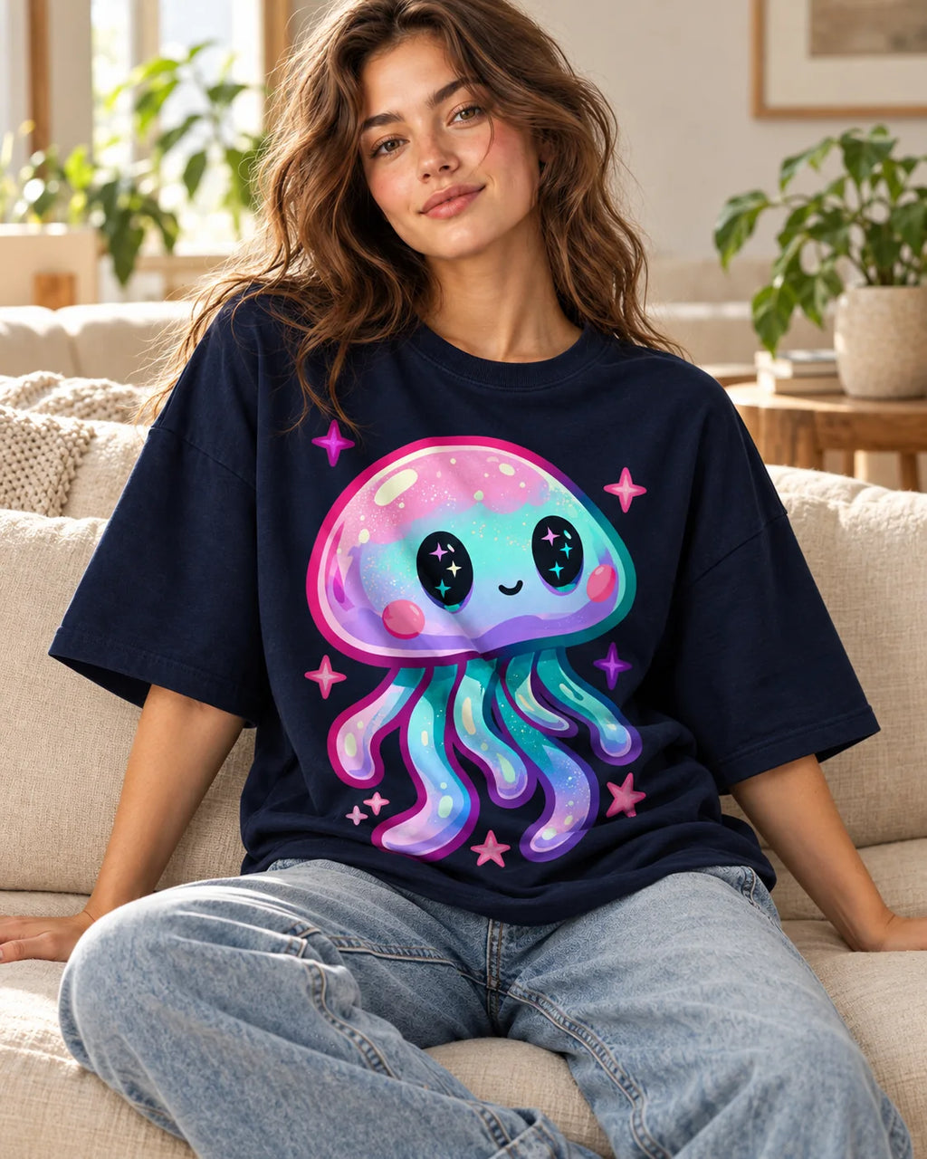 Woman on a sofa in a navy blue oversized French terry t-shirt with a pastel jellyfish with starry eyes and pink sparkles