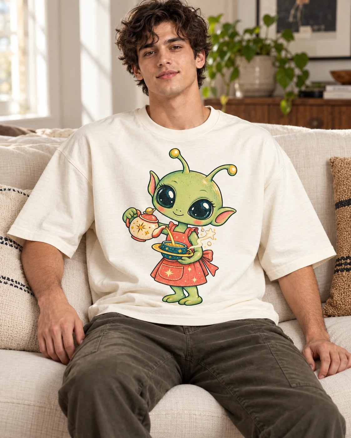 Man on a sofa in an off-white oversized French terry t-shirt with a green alien in an apron pouring tea from a teapot