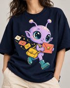 Close-up of a lilac alien with a yellow satchel delivering letters printed on a navy blue oversized French terry t-shirt