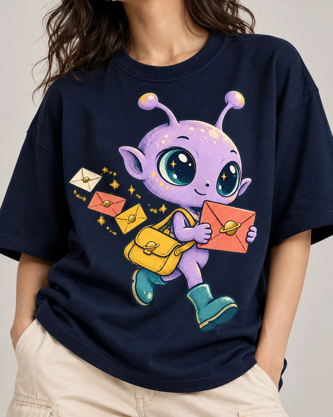 Close-up of a lilac alien with a yellow satchel delivering letters printed on a navy blue oversized French terry t-shirt
