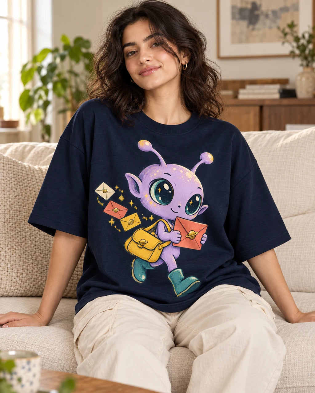 Woman on a sofa in a navy blue oversized French terry t-shirt with a lilac alien with a yellow satchel delivering letters