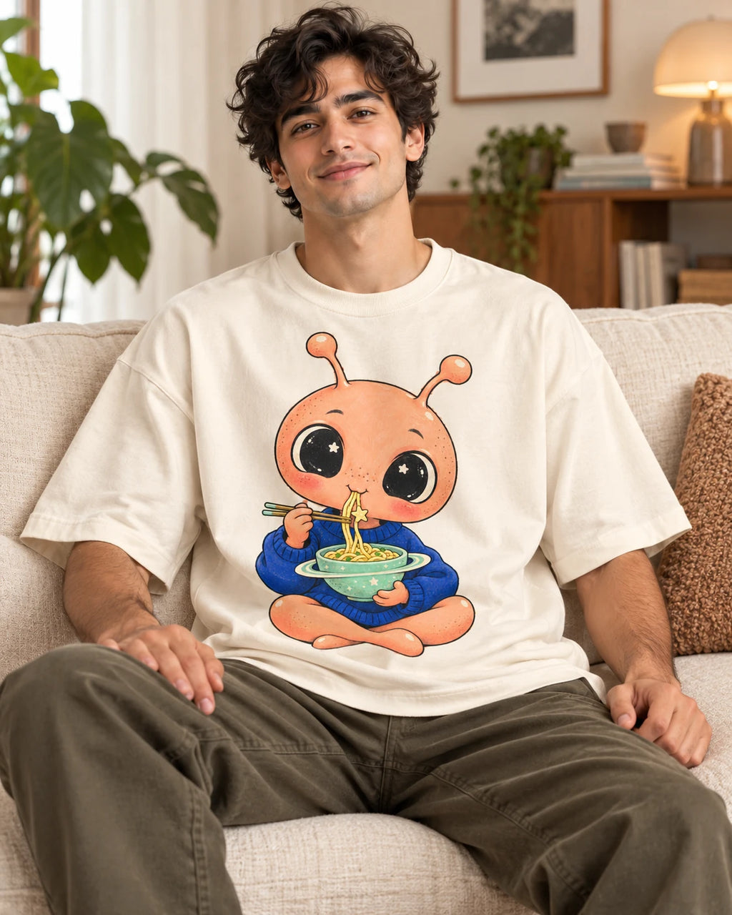 Man on a sofa in an off-white oversized French terry t-shirt with a peach alien eating noodles from a ringed bowl