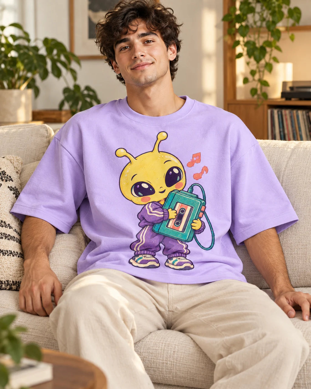 Man on a sofa in a lavender oversized French terry t-shirt with a yellow alien in a tracksuit holding a cassette player