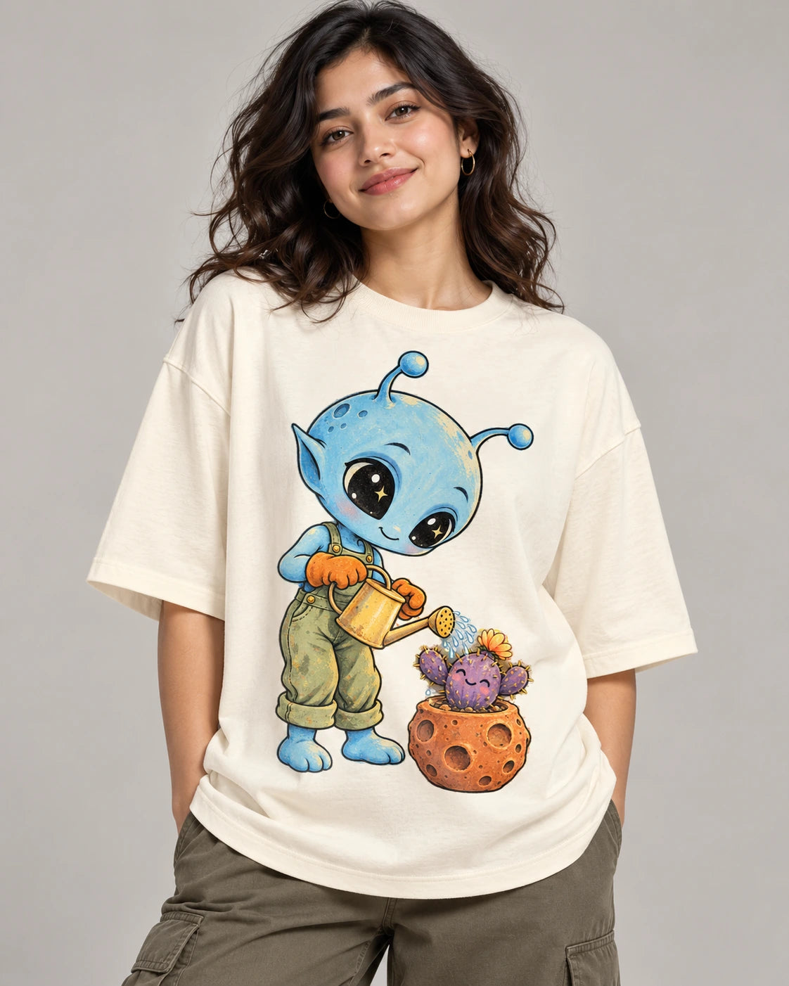 Woman in an off-white oversized French terry t-shirt printed with a blue alien watering a cactus in a meteor-like pot