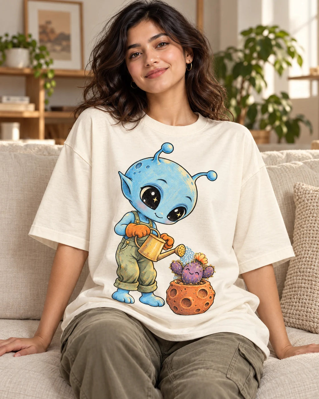 Woman on a sofa in an off-white oversized French terry t-shirt with a blue alien watering a cactus in a meteor-like pot