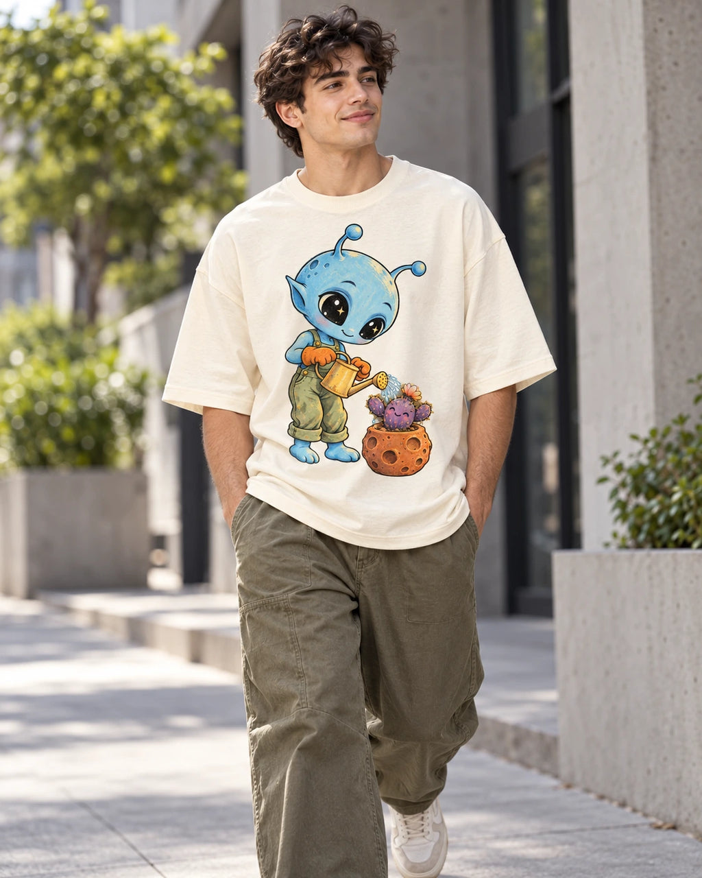 Man on a street in an off-white oversized French terry t-shirt with a blue alien watering a cactus in a meteor-like pot