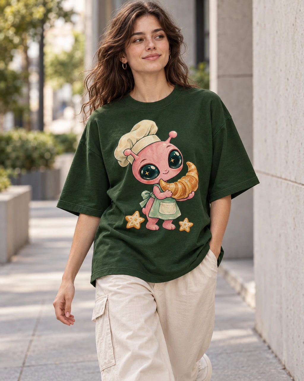Woman on a street in a bottle green oversized French terry t-shirt with a pink alien chef carrying a giant croissant