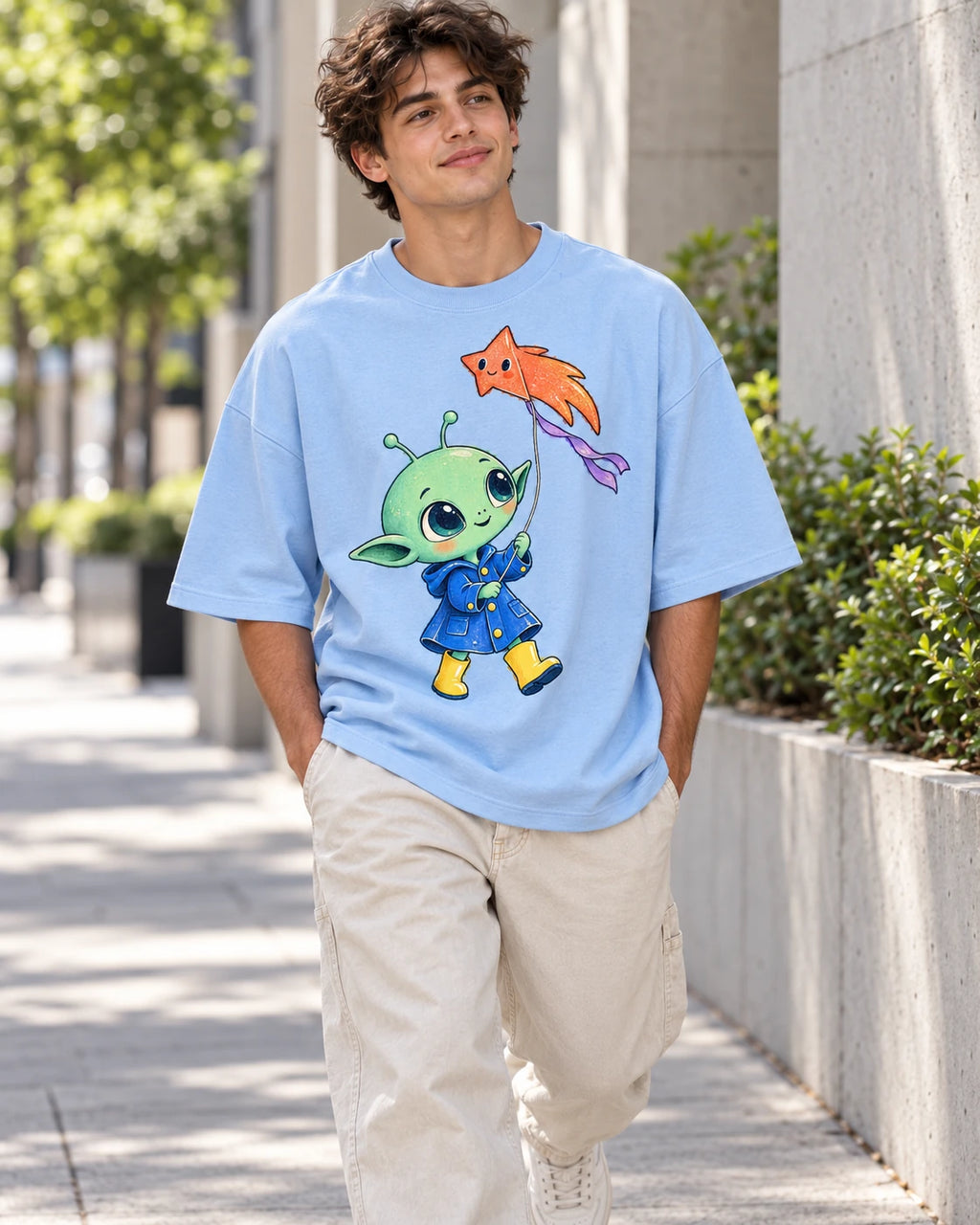 Man on a street in a baby blue oversized French terry t-shirt with a green alien in a raincoat flying a star-shaped kite