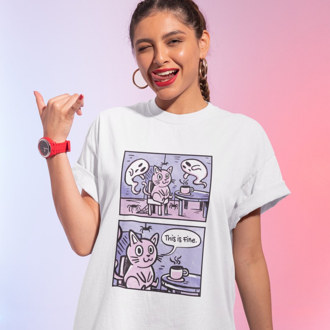 Cat In Haunted House Unisex Oversized T-Shirt — front view