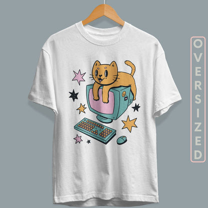 Computer Cat Cartoon Unisex Oversized T-Shirt
