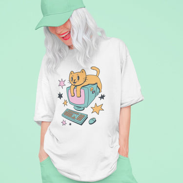 Computer Cat Cartoon Unisex Oversized T-Shirt