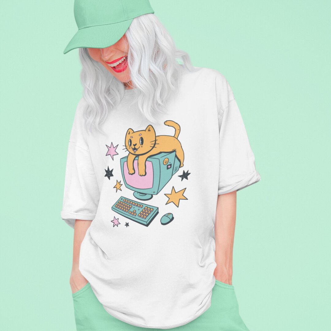 Computer Cat Cartoon Unisex Oversized T-Shirt — front view
