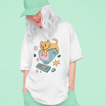 Computer Cat Cartoon Unisex Oversized T-Shirt