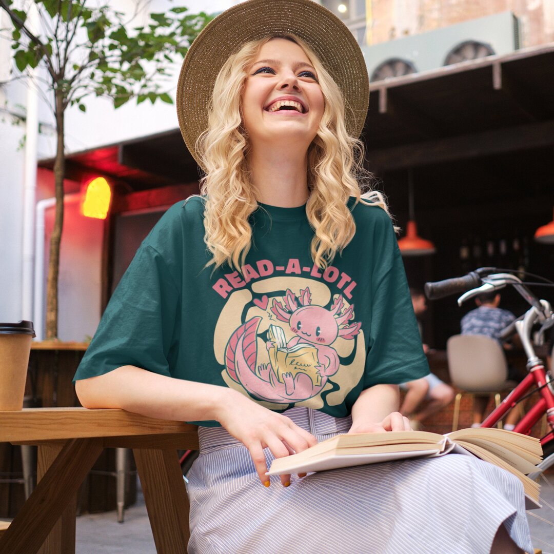 Cute Axolotl Reading Unisex Oversized T-Shirt — front view