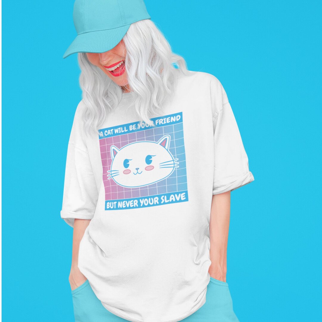 Cute White Cat Unisex Oversized T-Shirt — front view