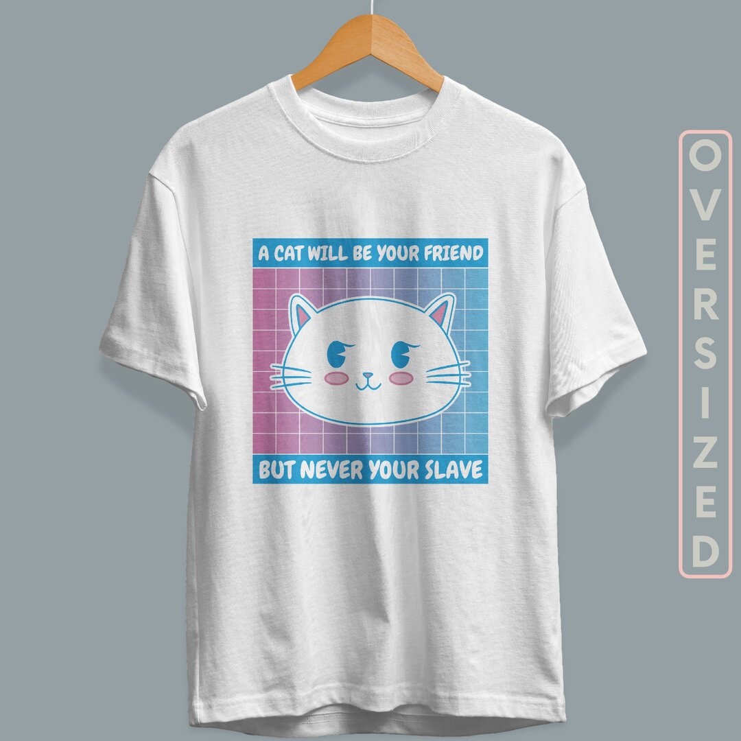 Cute White Cat Unisex Oversized T-Shirt — back view