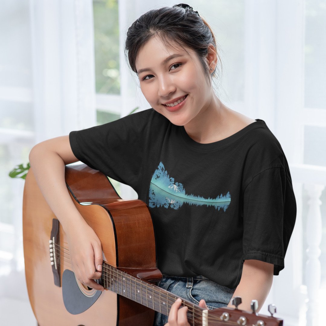 Guitar Lake Landscape Unisex Oversized T-Shirt — Black