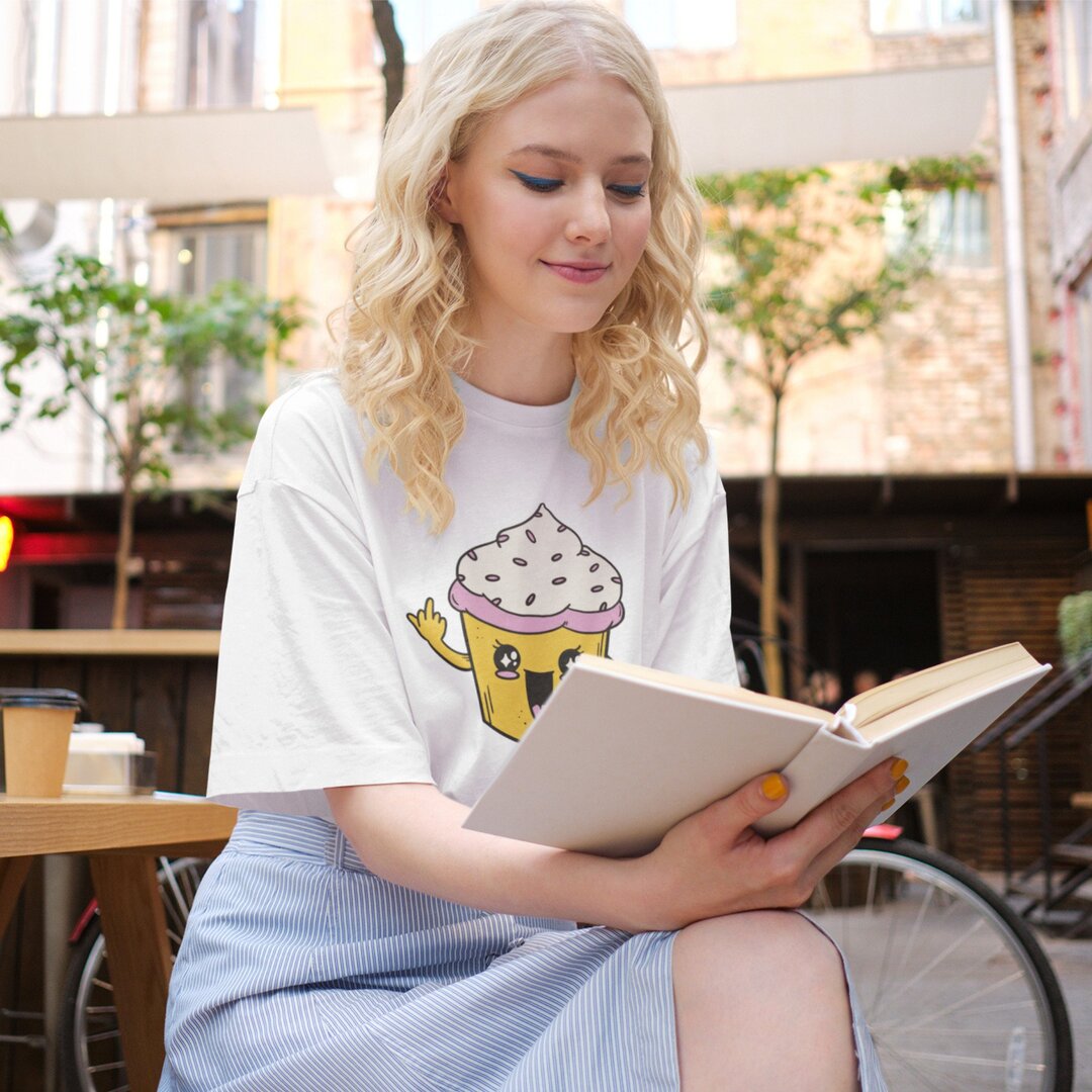 Kawaii Cup Cake Unisex Oversized T-Shirt — front view