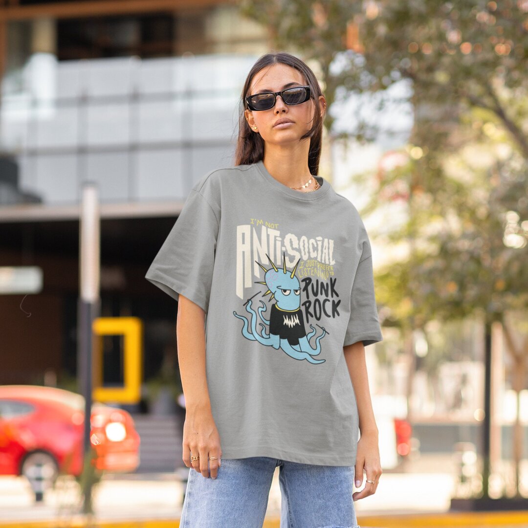 Punk Octopus Unisex Oversized T-Shirt — front view