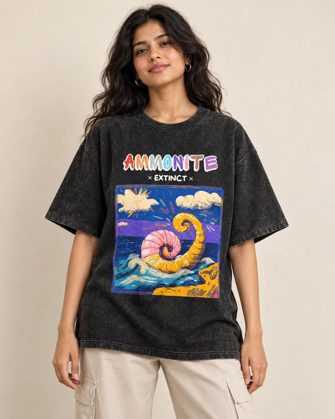 Ammonite black acid wash oversized T-shirt from the Ancient Archives collection by Fourth Dimension Club, front view on model