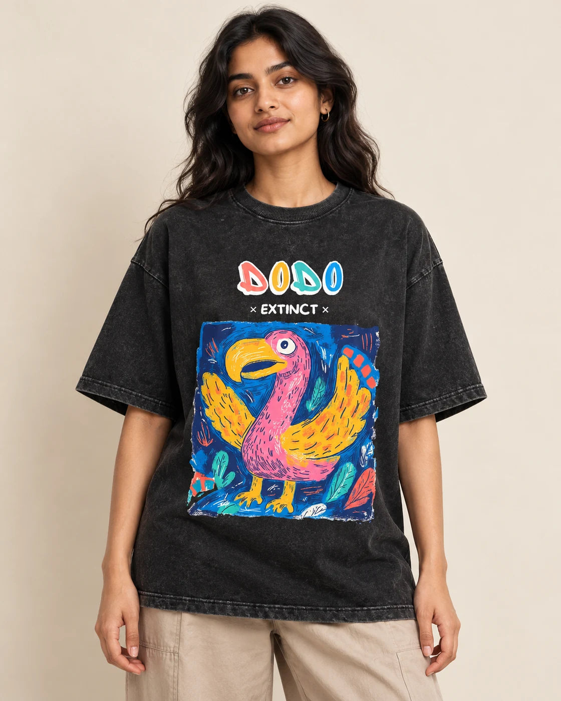 Dodo black acid wash oversized T-shirt from the Ancient Archives collection by Fourth Dimension Club, front view on model
