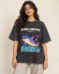 Dunkleosteus black acid wash oversized T-shirt from the Ancient Archives collection by Fourth Dimension Club, front view on model