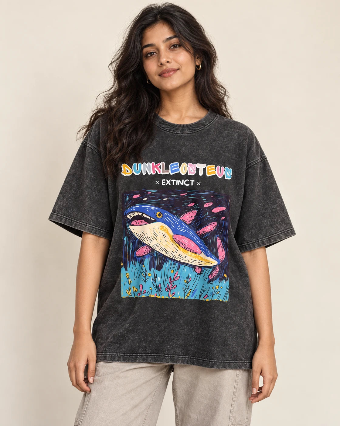 Dunkleosteus black acid wash oversized T-shirt from the Ancient Archives collection by Fourth Dimension Club, front view on model