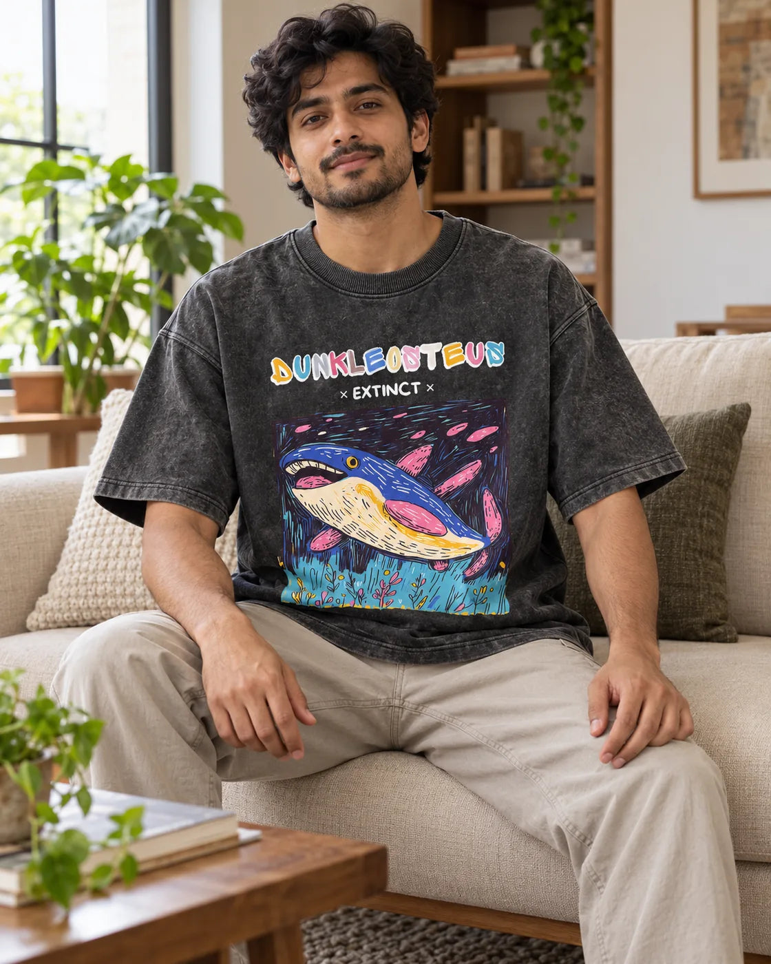 Model wearing the Dunkleosteus black acid wash oversized T-shirt seated on a sofa, Fourth Dimension Club