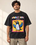 Great Auk black acid wash oversized T-shirt from the Ancient Archives collection by Fourth Dimension Club, front view on model