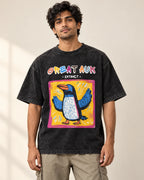 Great Auk black acid wash oversized T-shirt from the Ancient Archives collection by Fourth Dimension Club, front view on model