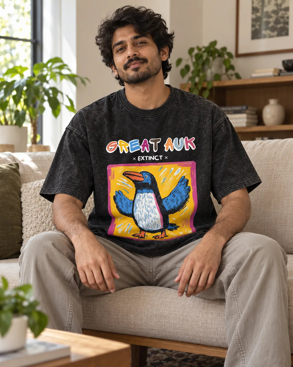 Model wearing the Great Auk black acid wash oversized T-shirt seated on a sofa, Fourth Dimension Club