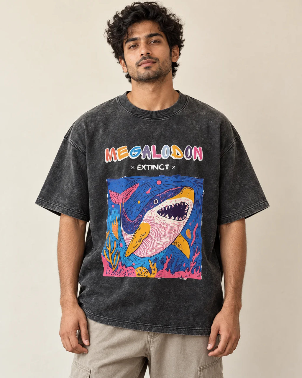 Megalodon black acid wash oversized T-shirt from the Ancient Archives collection by Fourth Dimension Club, front view on model
